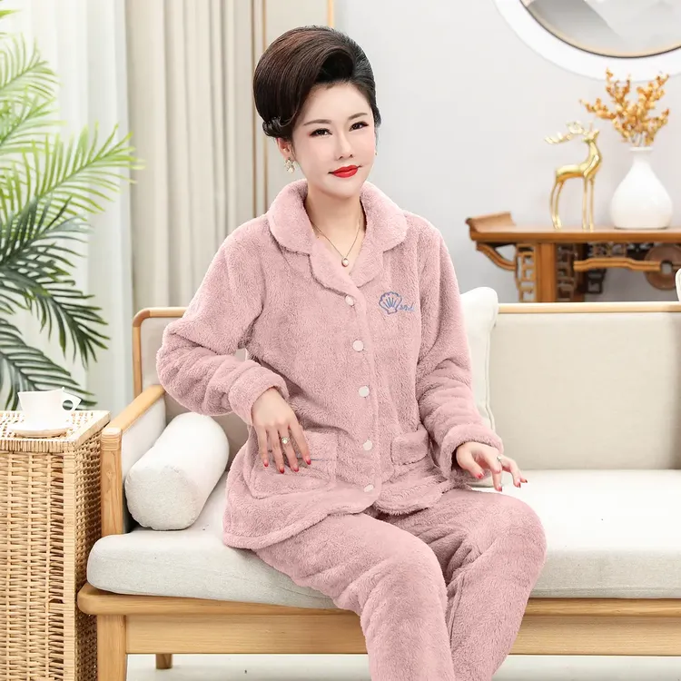 秋冬季可外穿长袖睡衣女中老年妈妈珊瑚绒保暖法兰绒家居服套装