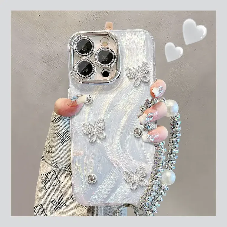 适用蝴蝶珠子苹果16精孔羽纱纹iPhone手机壳华为vivooppo小米15