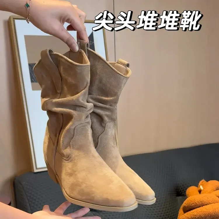 堆堆靴短靴夏季美拉德高跟增高复古西部牛仔靴骑士靴百搭时尚短靴