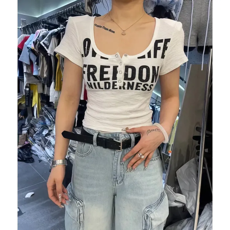 美式复古辣妹风字母印花短袖恤女夏季新款百搭修身显瘦打底上衣