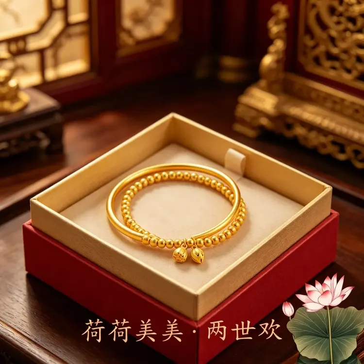 合金手镯 【送礼佳品】经典传承古法百搭莲蓬手镯两件套女款套链商品图