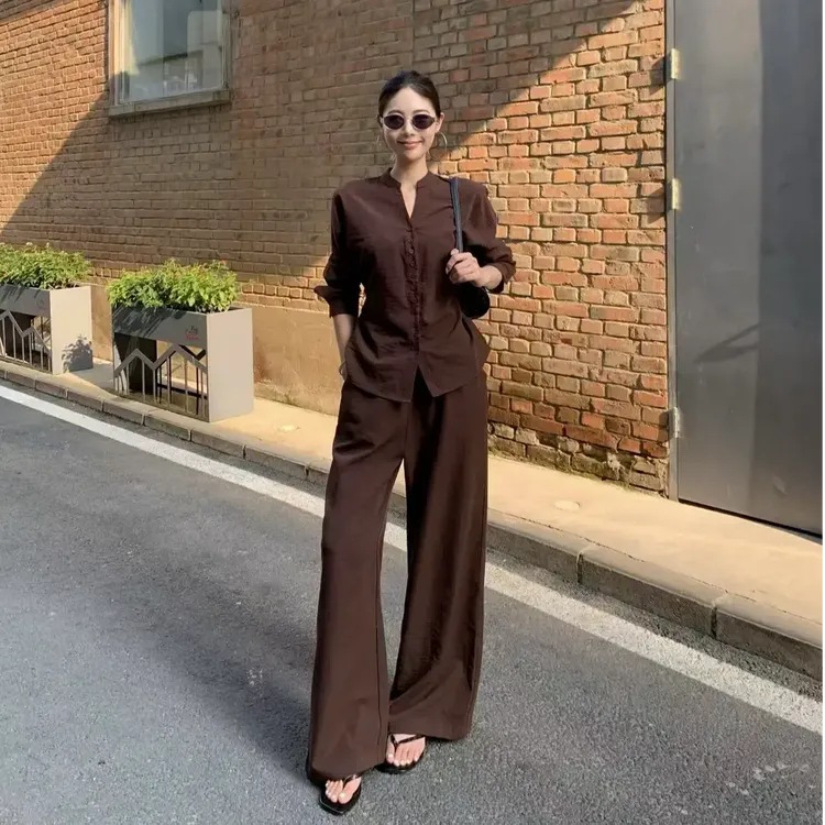 极简老钱风时尚套装时尚时髦衬衫长袖显瘦高腰系带休闲裤气质优雅