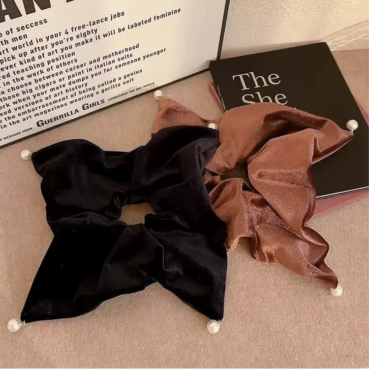 法式黑色复古丝绒珠珠吊坠方巾大肠发圈感发绳低丸子头合金材质日