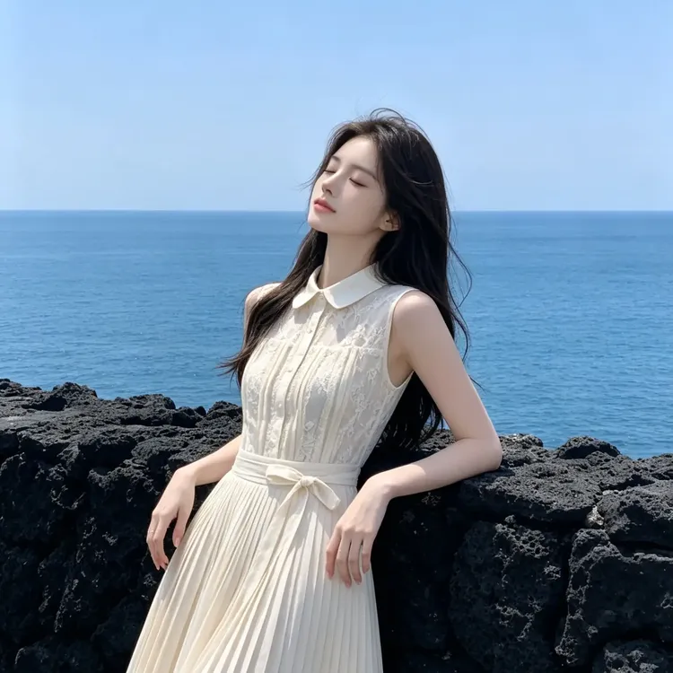 小小仟 璀璨人生 小说女主感蕾丝压褶莱赛尔连衣裙娃娃领百褶裙