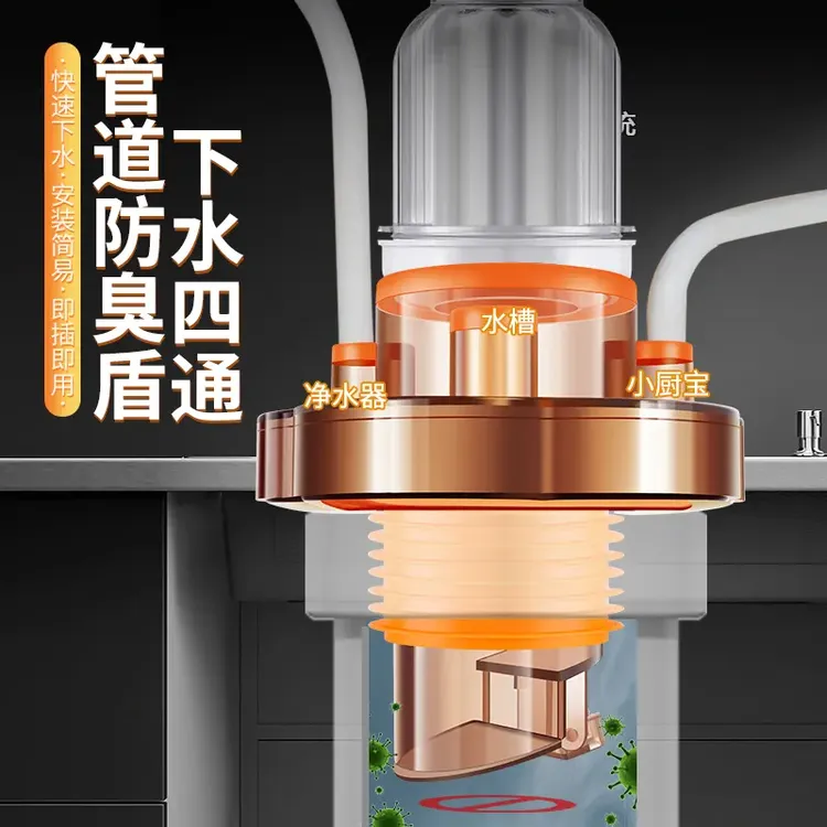 【即插即用】4通厨房下水管50/75管通用防臭密封塞多功能排水接头
