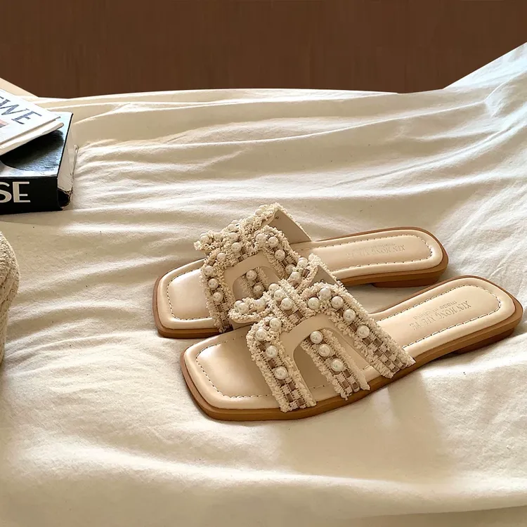 波西米亚晚晚风绝美一字拖鞋女夏新款外穿ins小香风度假海边拖鞋