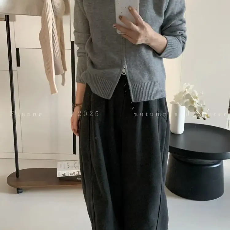 加绒加厚糯米绒慵懒风女士冬季新款弯刀阔腿长裤