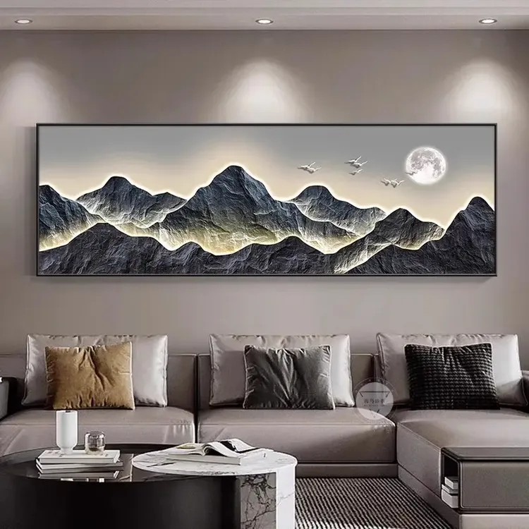 背有靠山沙发背景装饰画新中式山水画八方来财茶室办公室背景挂画