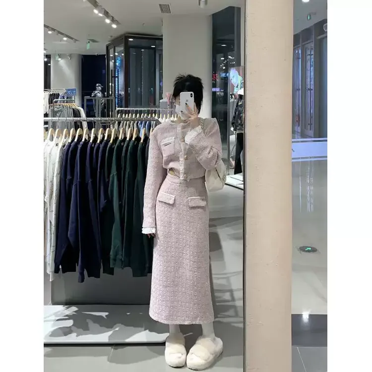 春游洋气定制新款粉色小香风花边拼接短款外套女+高腰半身裙