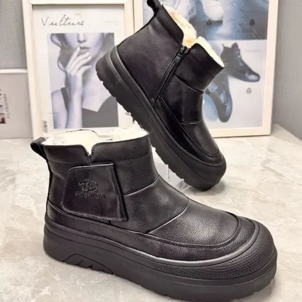 冬季头层牛皮男士雪地靴真皮加绒保暖棉鞋侧拉链一脚蹬棉靴男厚