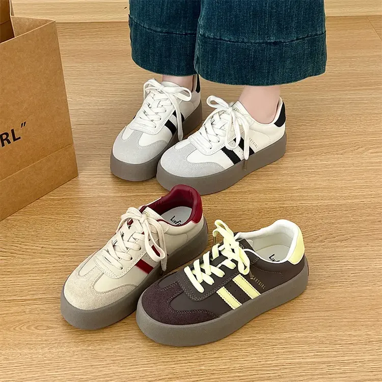 真皮德训鞋板鞋女款四季款新款百搭休闲板鞋单鞋女2687厚底学生