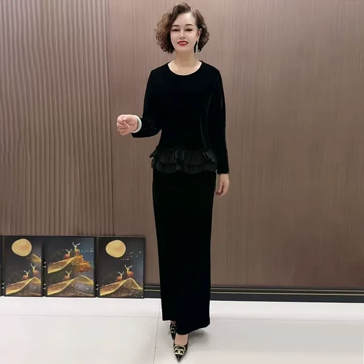 2563秋冬新款中老年丝绒拼接大码宽松遮肉妈妈弹力上衣阔腿裤套装