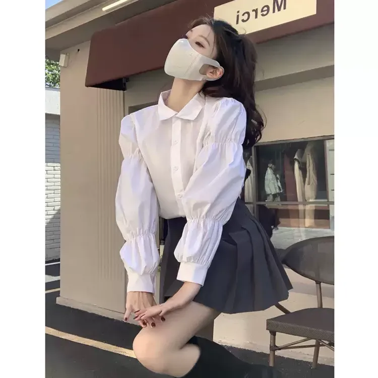 韩版白色打底衬衫女小个子内搭长袖春夏秋季新款宽松衬衣上衣