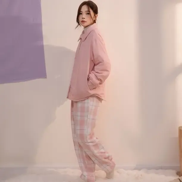 秋冬全棉双层纱夹棉情侣可外穿保暖家居服睡衣