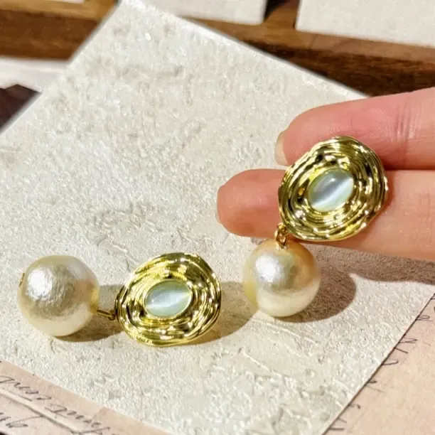 铜合金琉璃耳饰 真棉花珠时尚高级感几何玻璃猫眼石耳饰耳环