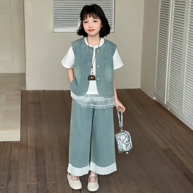 女童夏装牛仔套装2025新款洋气儿童韩版马甲阔腿裤网红蕾丝三件套
