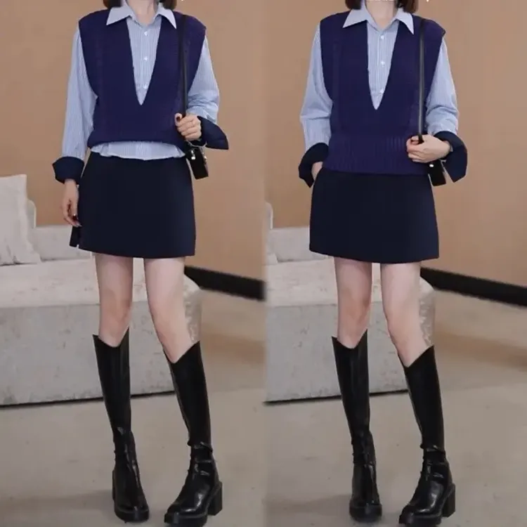 2026早秋新款针织背心马甲学院风休闲条纹衬衫百搭舒适裙裤套装女