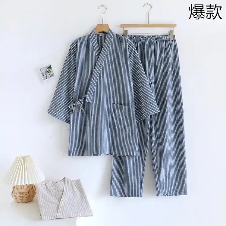 日式和服睡衣男士纯棉条纹宽松大码薄款汗蒸家居服套装长袖长裤