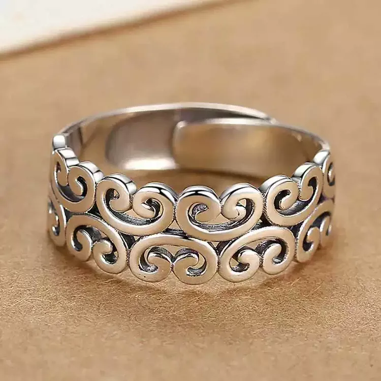 925银戒指 纯银如意纹戒指女款镂空复古风百搭时尚民族风简约做旧