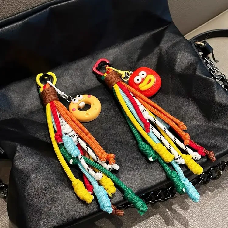 复古橙色几何大嘴吊坠手机壳挂绳含夹片彩色编织绳钥匙扣挂饰H150