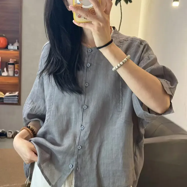 1337-简约纯色衬衣中袖韩版圆领夏季韩版苎麻衬衫复古
