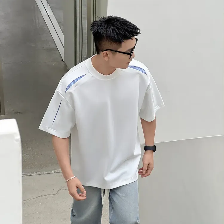 春夏新款男士条纹解构拼接设计款短袖T恤时尚潮流宽松百搭半袖衫