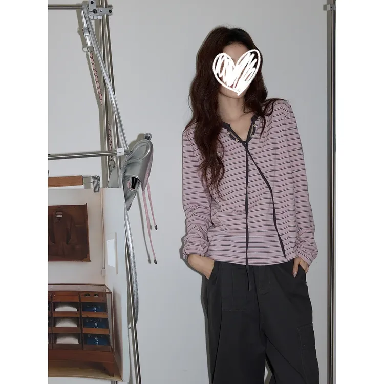 【吵吵家】粉色条纹圆领T恤女2025秋气质宽松休闲显瘦长袖针织衫