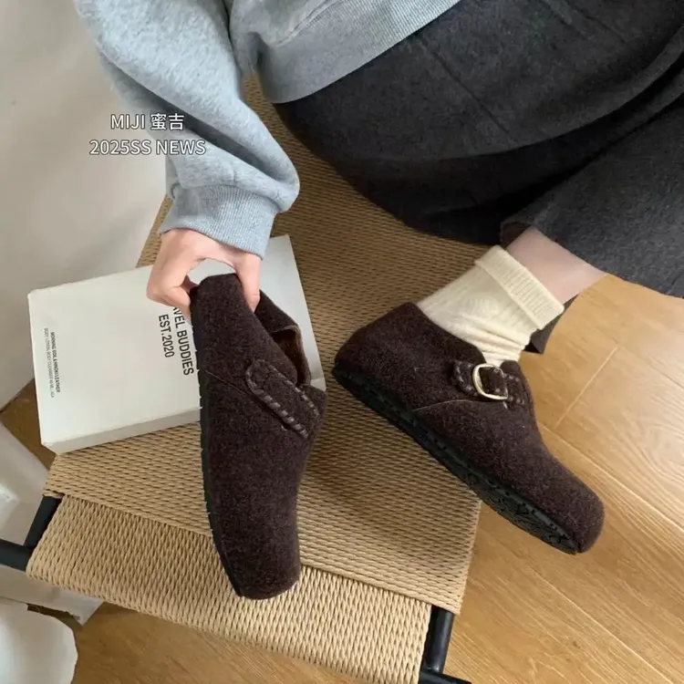 内增高小个子加绒勃肯鞋女秋冬季保暖厚底毛毛棉鞋百搭懒人乐福鞋