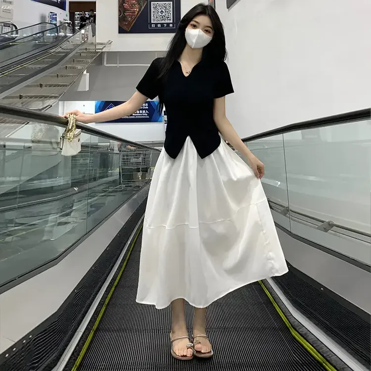 夏季新款大码胖mm简约黑色短袖上衣遮肉显瘦半身裙气质通勤套装女