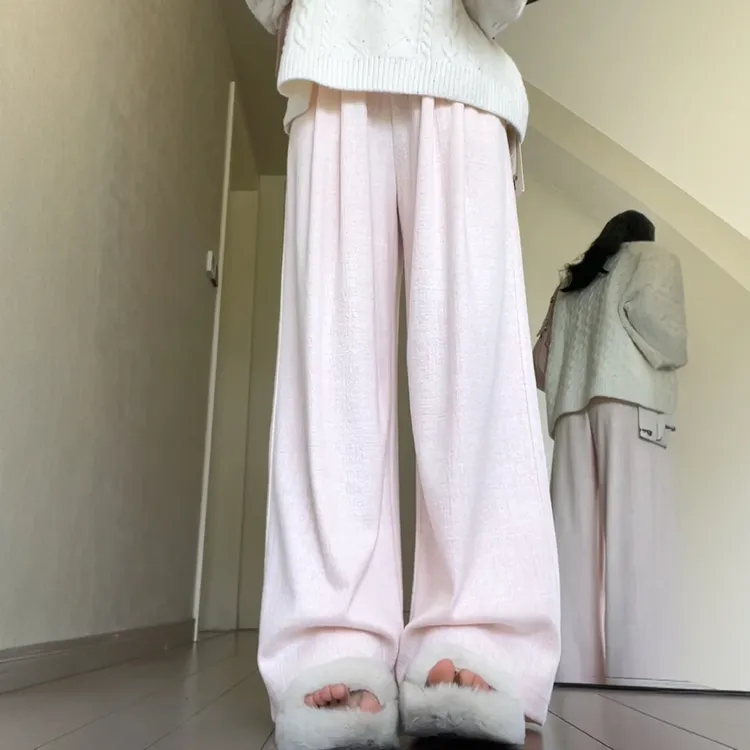 粉色小香风高腰休闲裤女春夏季2025新款百搭长裤小个子显瘦阔腿裤