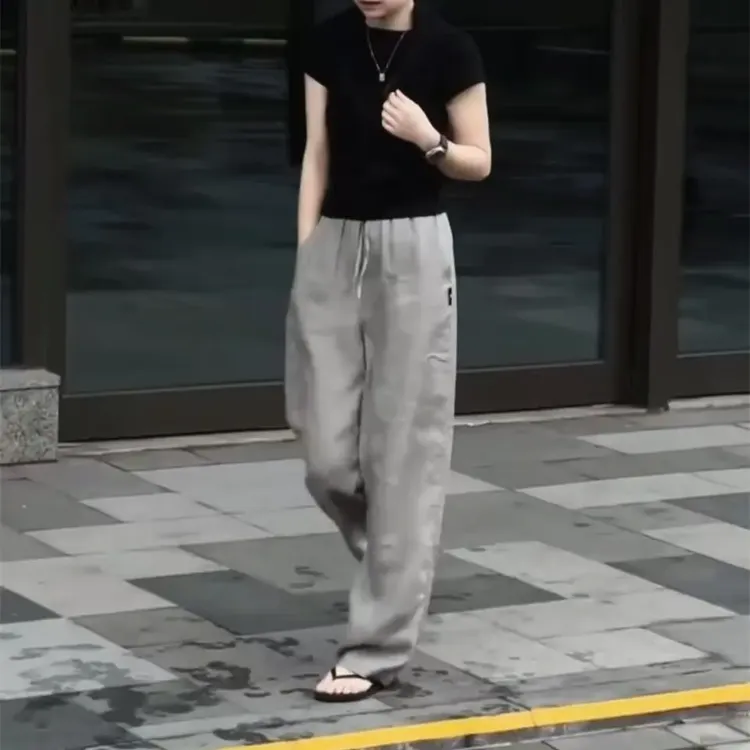 2025夏季新款纯色修身短袖T恤休闲垂坠感阔腿裤女169#