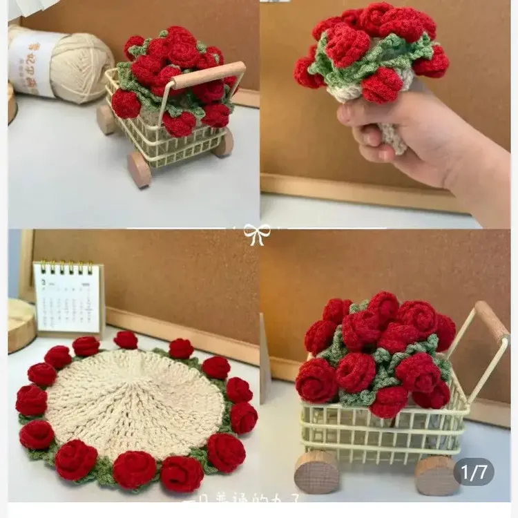 成品手工玫瑰花束杯垫毛线钩织杯变手捧花束创意礼物编织花朵杯垫