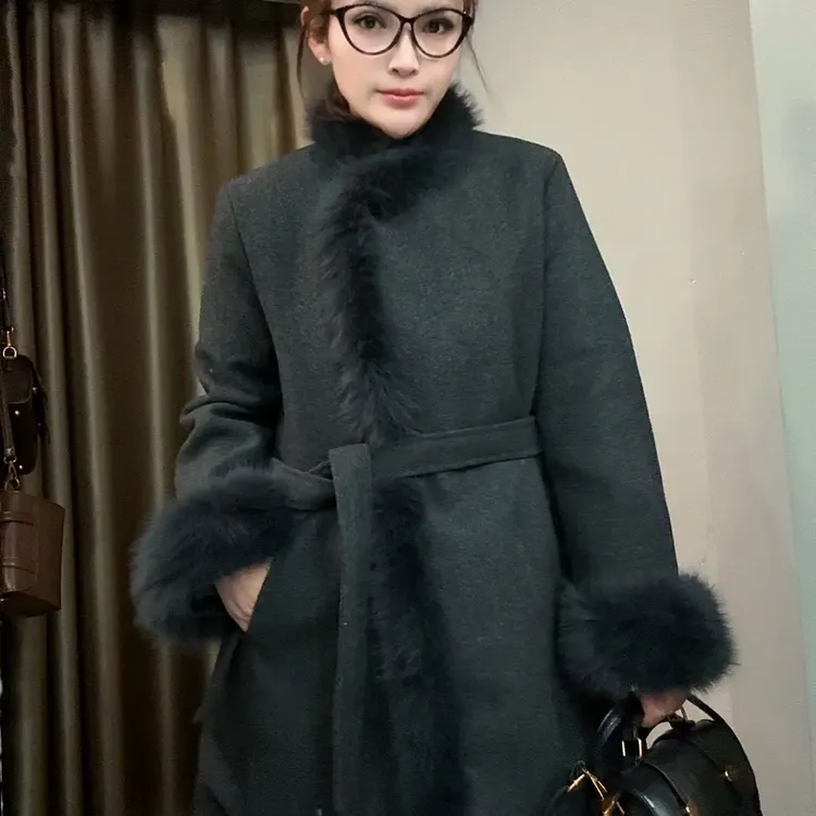 8566#新款轻奢收腰中长款冬季狐狸毛可拆卸保暖外套