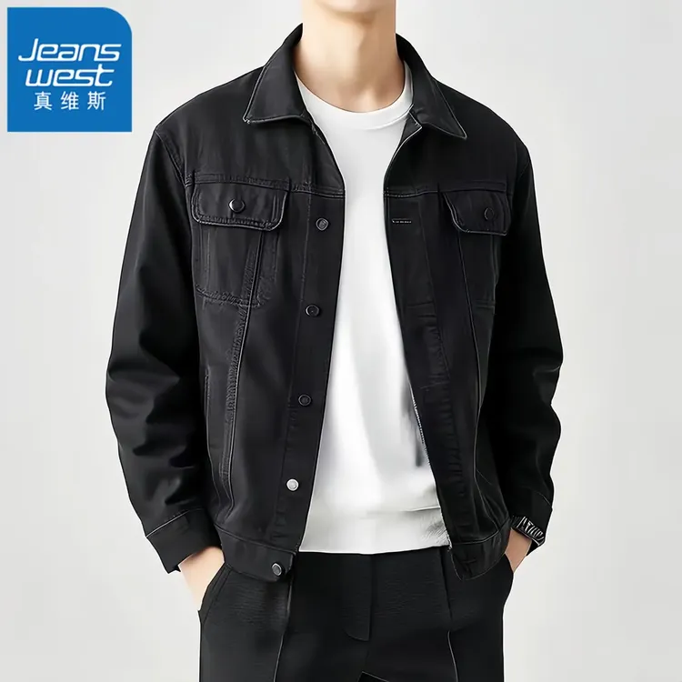 真维斯Jeanswest春秋季黑色牛仔外套男翻领重磅水洗休闲工装夹克 