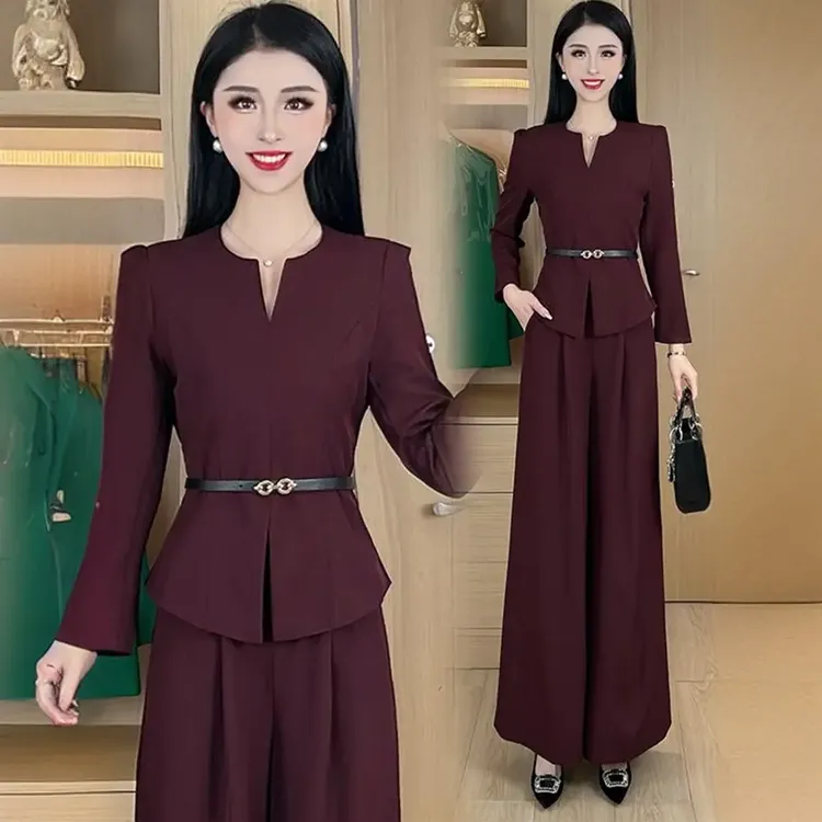 时尚早秋女装洋气显瘦法式收腰V领上衣阔腿裤两件套爆款2025新款