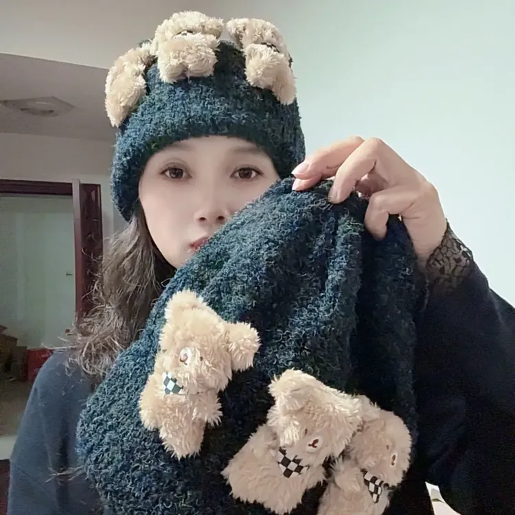 (实拍)可爱卡通小熊公仔针织毛线帽子女秋冬保暖显脸百搭包头帽