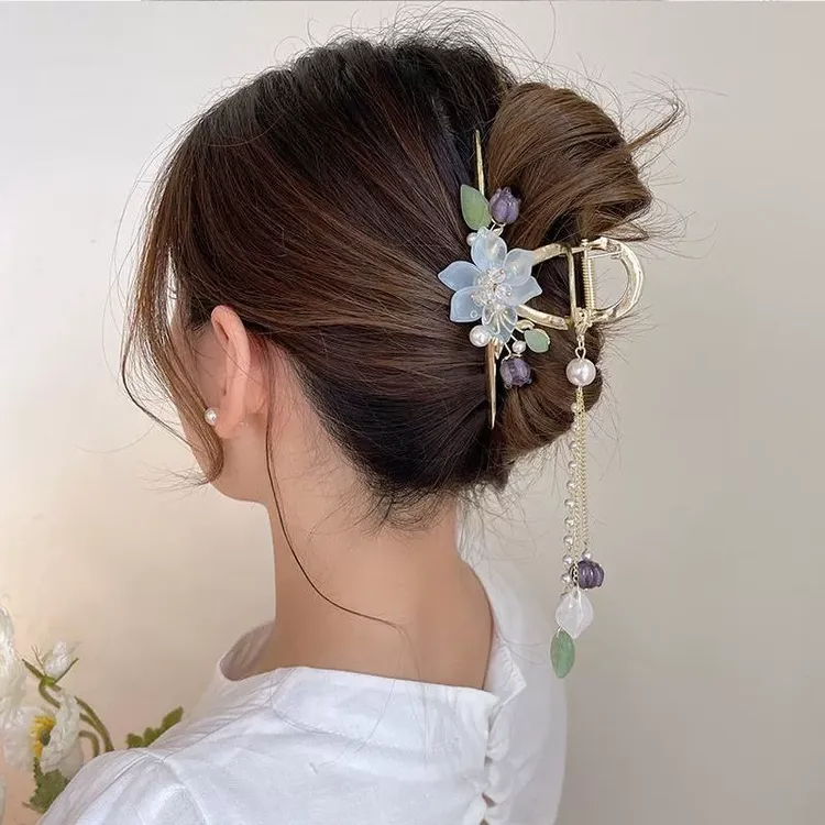 汉服配饰夹花朵珠珠流苏抓夹大号鲨鱼古风夏季发夹女后脑勺头饰