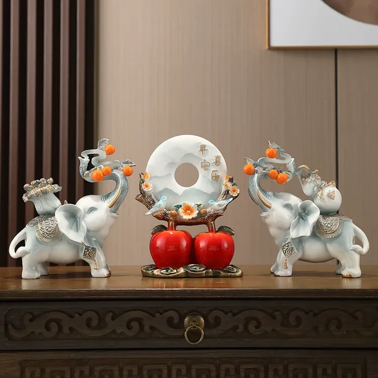 平安喜乐大象摆件一对中式高档电视柜玄关客厅装饰品乔迁新居礼品