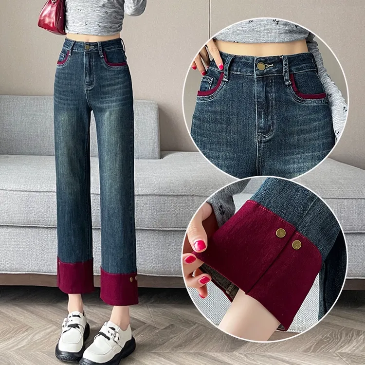 复古卷边窄版烟管牛仔裤女2025春季小个子九分今年流行法棍直筒裤