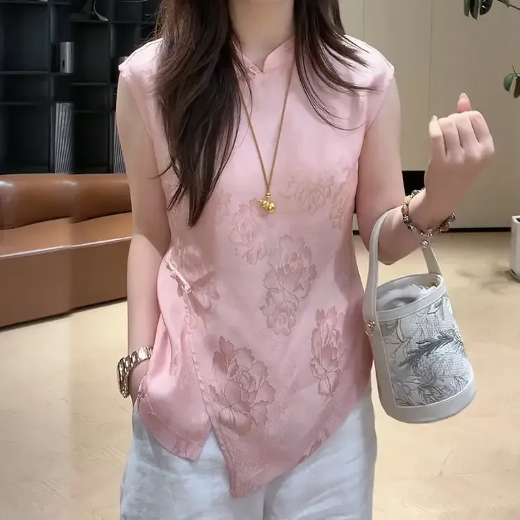 夏季新款休闲百搭衬衫新中式国风提花不规则无袖立领显瘦上衣女