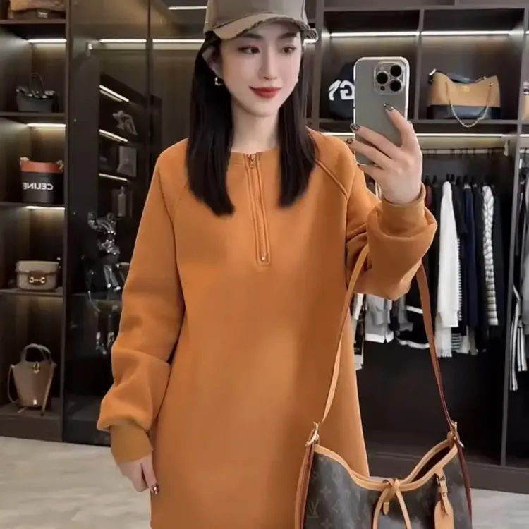 加绒纯色秋季显瘦时尚水洗拉链卫衣中长款韩版无袖