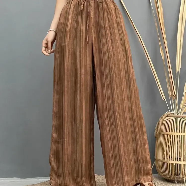 苎麻彩色条纹休闲裤女复古松紧腰系带宽松显瘦直筒裤