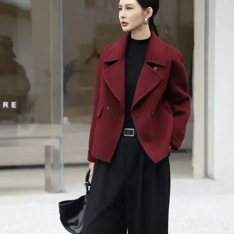 双面呢短款大衣春季加绒加厚西装领显瘦气质时尚百搭新款