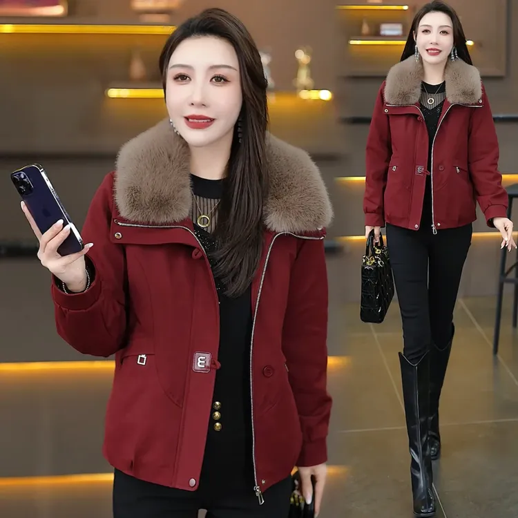 时尚正品加厚派克服外套女冬季新款气质百搭纯色毛领休闲棉衣外套