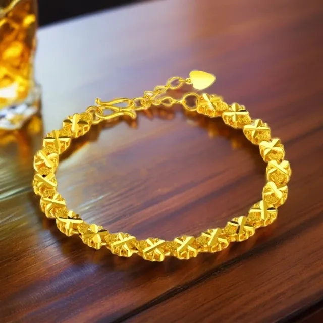 铜合金手链 金黄色四叶草花双面立体镂空时尚百搭手链女款礼物商品图