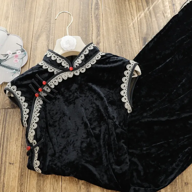 时尚日常中长裙立领2025月牙袖黑色复古风少女旗袍