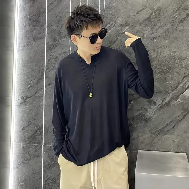 夏季慵懒风超薄防晒衣纯色V领长袖T恤男宽松垂坠裸感轻肤透气上衣