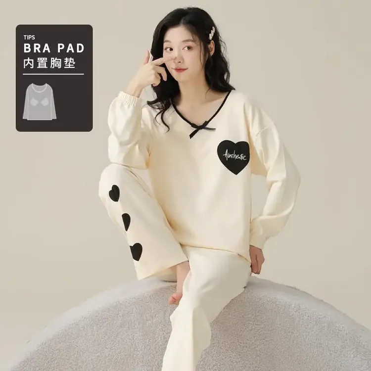 睡衣春秋款女2025新款带胸垫纯棉高级感长袖冬舒惬家居服套装女款