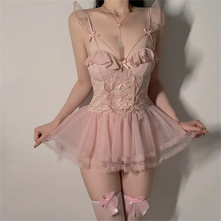 粉色睡裙露背低胸聚拢加胸垫甜美蓬蓬裙纯欲睡裙吊带睡衣带胸垫