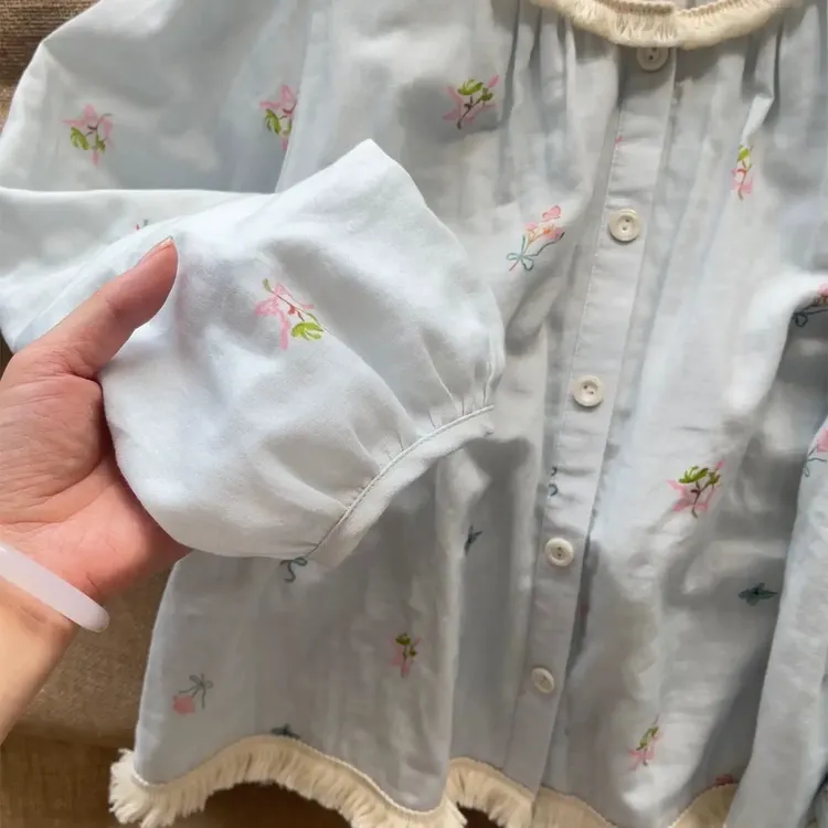 法式甜美baby蓝色流苏睡衣女春秋新款少女长袖长裤秋冬家居服套装